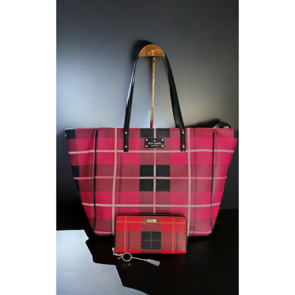 Kate Spade Ellison Avenue Sidney Tote Bag, Plaid Snapdragon Pink and wallet - Picture 2 of 15